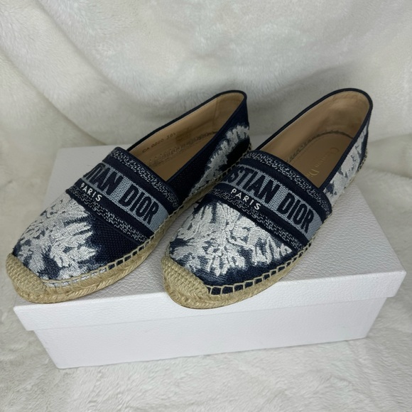 Dior Granville Tie Dye Denim Blue White Logo Embroidered Espadrille - Picture 3 of 14